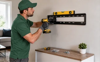 Flat-screen television mounted flush to a living room wall