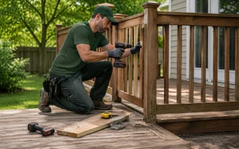 Rebuilt deck boards and repaired railing on a back garden deck